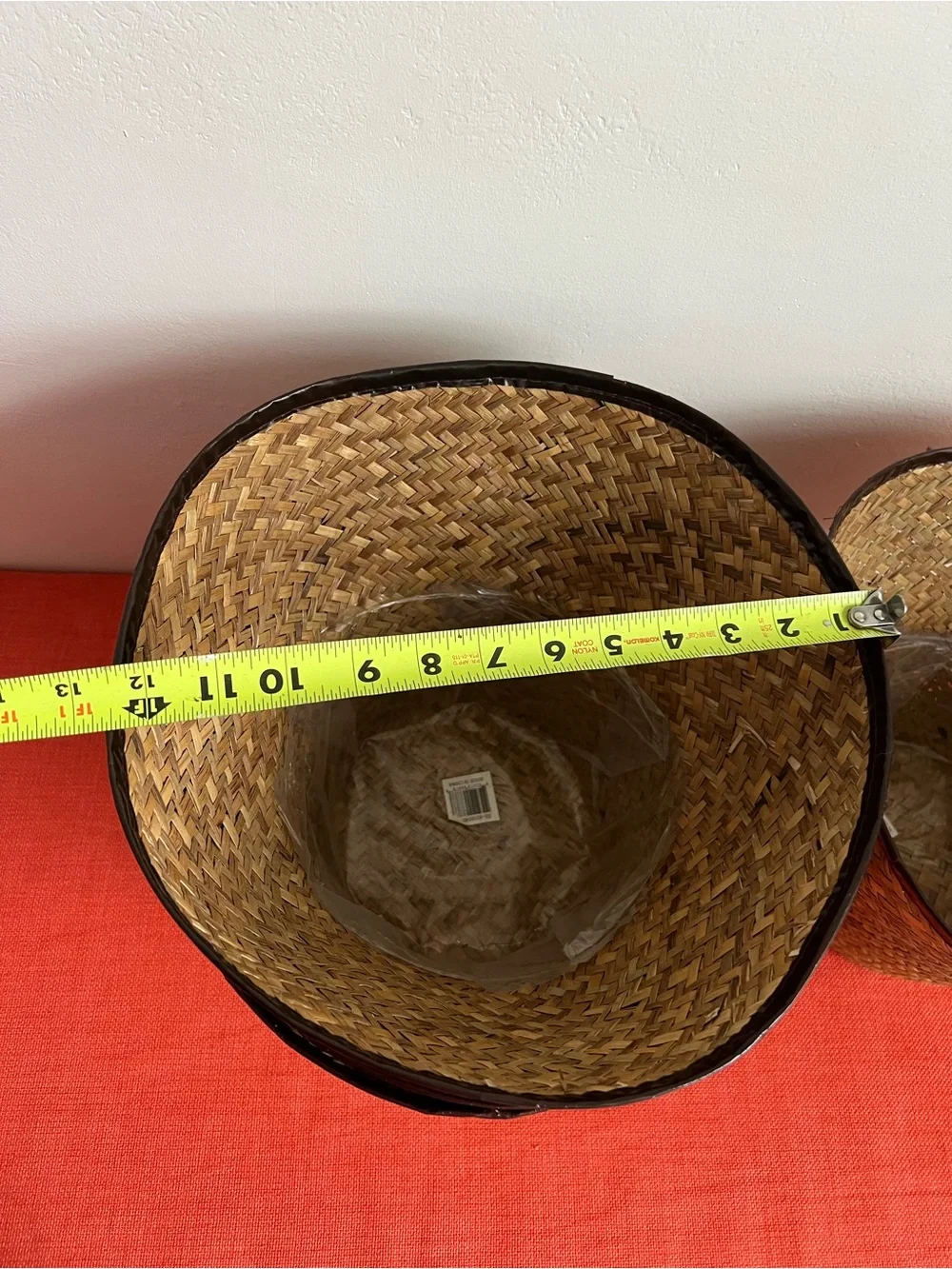 Natural Straw Storage Baskets with Dark Brown Trim